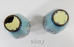 Antique Pair of Japanese Cloisonne Enamel Vases in Blue Palette