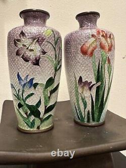 Antique Pair of Japanese Cloisonne Ginbari Foil 4.75 Floral Vases Purple Green