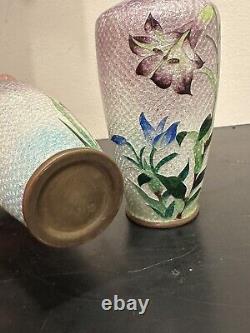 Antique Pair of Japanese Cloisonne Ginbari Foil 4.75 Floral Vases Purple Green