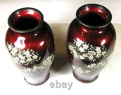 Antique Pair of Japanese Cloisonne Vases Bulbous Pigeon Blood #EB75