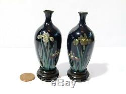 Antique Pair of Miniature Cloisonne Enamel Japanese Vases Carved Wood Stands 3