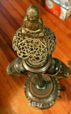 Antique RARE ASIAN Cloisonne Vase Lamp BRONZE DRAGONS brass Buddha finial