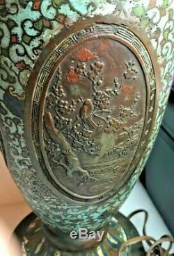 Antique RARE ASIAN Cloisonne Vase Lamp BRONZE DRAGONS brass Buddha finial