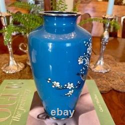 Antique Silver Wire Japanese Meiji Period Enamel Cloisonné Blue Floral Vase