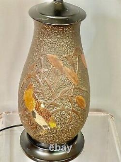 Antique Totai Tall Vase Mounted Lamp Tree Bark Cloisonne Porcelain Japan Birds