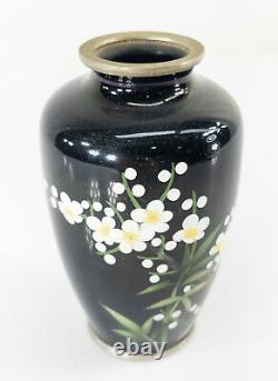 Antique Vintage Japanese Ando Cloisonne Enamel Vase Black Ground Floral