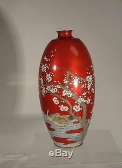 Antique Vintage Japanese Cloisonne Vase Red Ducks Prunus High Quality As Is