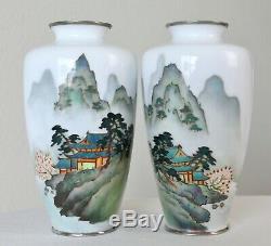 Antique Vintage Pair Japanese Cloisonne Vases 7 Scenic Mountain Tree Landscape