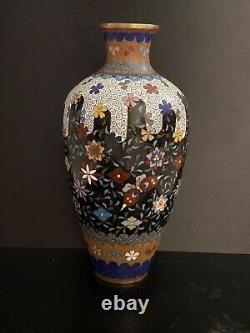 Antique japanese meiji period cloisonné Blue enamel vase butterflies 8 Tall