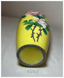 Antique signed Japanese Ando handmade yellow enamel silver floral cloisonné vase