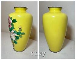 Antique signed Japanese Ando handmade yellow enamel silver floral cloisonné vase