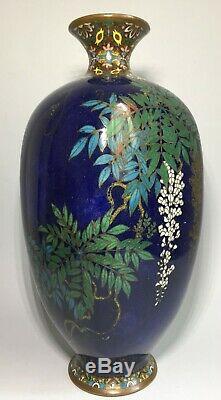 Antique tall Japanese cloisonne enamel vase wisteria design