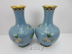 Asian Cloisonné 8 Enamel Vases Pair 2 Cherry Blossom Vintage Free Shipping