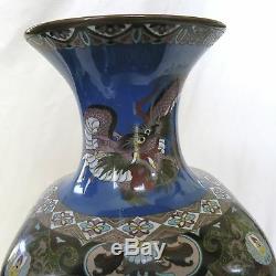 BIG 23.9 Antique Japanese Meiji Cloisonne Vase with Phoenix, Dragons & Stand