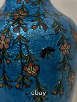 Beautiful Antique Japanese Cloisonné Shippo Glass Enamel Blue Vase and flowers