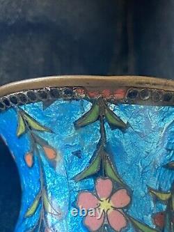 Beautiful Antique Japanese Cloisonné Shippo Glass Enamel Blue Vase and flowers