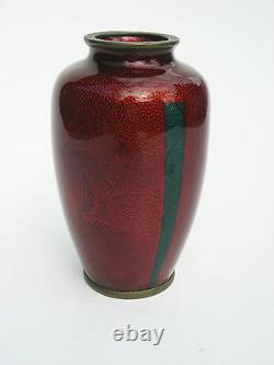Beautiful Antique Japanese Cloisonne Shippo Glass Enamel Red & Green Vase Japan