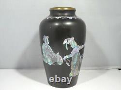 Beautiful Japanese Mother Of Pearl Cloisonne Type Inlaid Bronze Vase