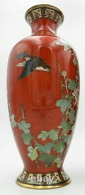 Beautiful Pair of Deep Red Antique Japanese Ginbari Cloisonne Mirror Vases