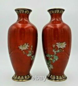 Beautiful Pair of Deep Red Antique Japanese Ginbari Cloisonne Mirror Vases