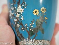 Beautiful Vintage Japanese Blue Cloisonne Vase with Cherry Blossoms & Birds