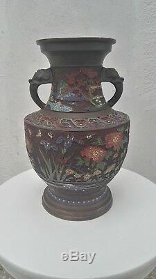 Big Antique Japanese Bronze Brass Cloisonne Enamel Vase Vessel Urn 19.5 Colors
