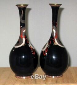 Bottle Form Meiji Japanese Cloisonne Enamel Pair Vases with Swirling Dragons