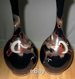 Bottle Form Meiji Japanese Cloisonne Enamel Pair Vases with Swirling Dragons