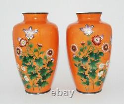 Bright Orange Pair of Japanese Cloisonne Enamel Vases with Flowers