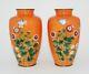 Bright Orange Pair Of Japanese Cloisonne Enamel Vases With Flowers