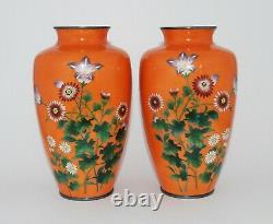 Bright Orange Pair of Japanese Cloisonne Enamel Vases with Flowers
