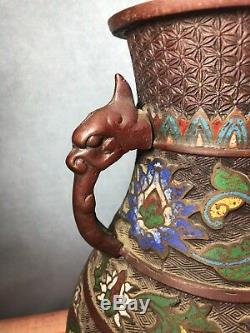 Bronze Champleve Japanese Vase Cloisonné Phoenix Head Handles And Design 19C 10