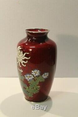 C1920's Japanese Ando Cloisonne Red Chrysanthemum & Carp Vase