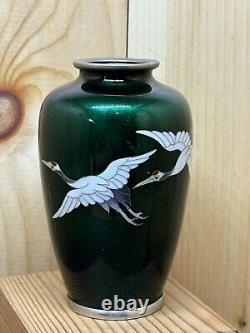 CLOISONNE CRANE BIRD Pattern Vase 4.8 inch MEIJI Japan Antique Old Figurine Art