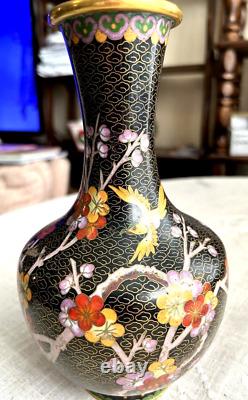 CLOISONNE VASE -BIRD AND FLORAL MOTIF 9.5 TALL -BLACK AND GOLD -1990s-GENUINE