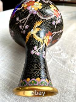 CLOISONNE VASE -BIRD AND FLORAL MOTIF 9.5 TALL -BLACK AND GOLD -1990s-GENUINE