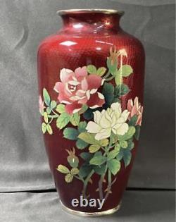CLOISONNE Vase Flower Pattern 9.4 inch Figurine traditional art Red Japanese