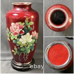 CLOISONNE Vase Flower Pattern 9.4 inch Japanese Figurine traditional art Red
