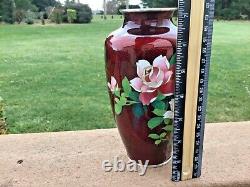 CLOISONNÉ Vase Marked Sterling Silver Maroon Floral 7 1/4 Tall Japanese