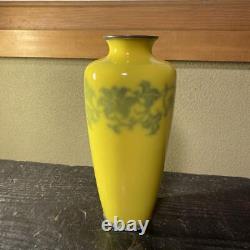 CLOISONNE ware Yellow Vase FLOWER LEAF Pattern 8.2 inch Japanese Antique