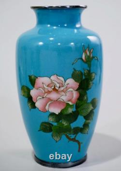 Cloisonne Enamel Japanese Rose Vase Blue Enamel Background