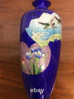Cloisonné Japanese Vase Cobalt Blue With Birds & Floral Scene F30