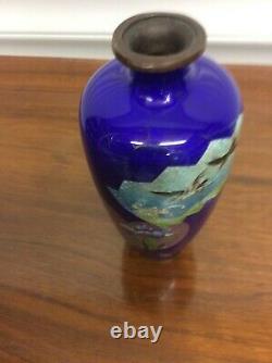 Cloisonné Japanese Vase Cobalt Blue With Birds & Floral Scene F30
