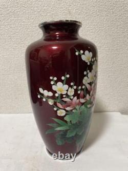 Cloisonne Red Vase 9.6 inch Flower Pattern Figurine Chrysanthemum Japanese