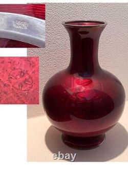 Cloisonne Silver Vase 9.8 inch tall Japanese Metalwork Red Pot WithBox