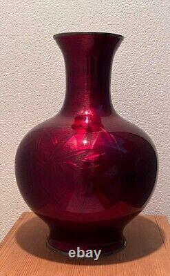 Cloisonne Silver Vase 9.8 inch tall Japanese Metalwork Red Pot WithBox