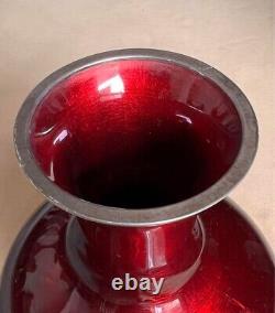 Cloisonne Silver Vase 9.8 inch tall Japanese Metalwork Red Pot WithBox