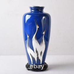 Cloisonne Vase Crane pattern 10.8 inch tall Japanese Blue Pot