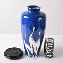 Cloisonne Vase Crane pattern 10.8 inch tall Japanese Blue Pot