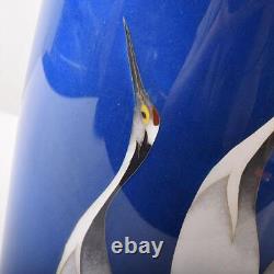 Cloisonne Vase Crane pattern 10.8 inch tall Japanese Blue Pot